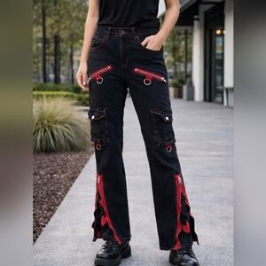 Hot Topic Size 5 Black Jeans Red Trim Zipper Gothic Punk Flare Wide Leg